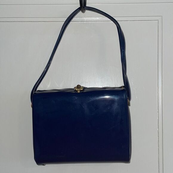Unique Vtg 60s navy blue patent square box purse - Picture 1 of 12